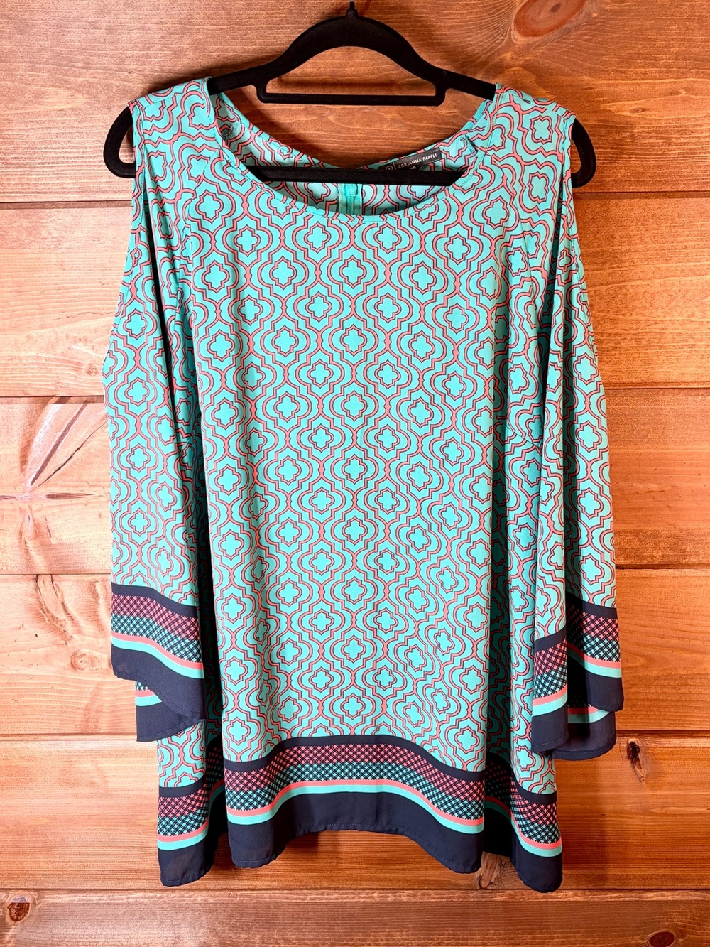 Adrianna Papell Navy Aqua Pink Geometric Cold-Shoulder Tunic Size Large 💕💙